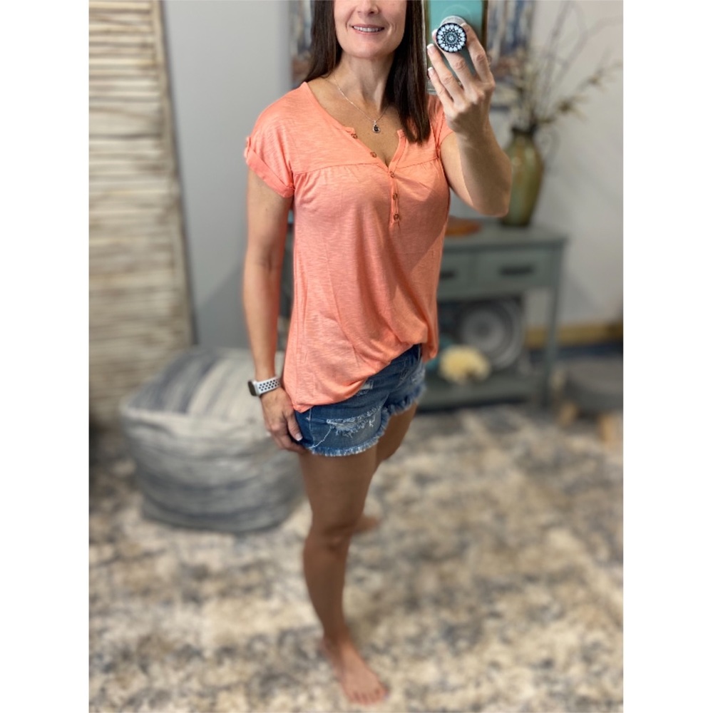 Melange Henley V-neck Floaty Cuffed Tabbed Short Sleeve Floaty Tee Peach 0523 - Picture 8 of 12
